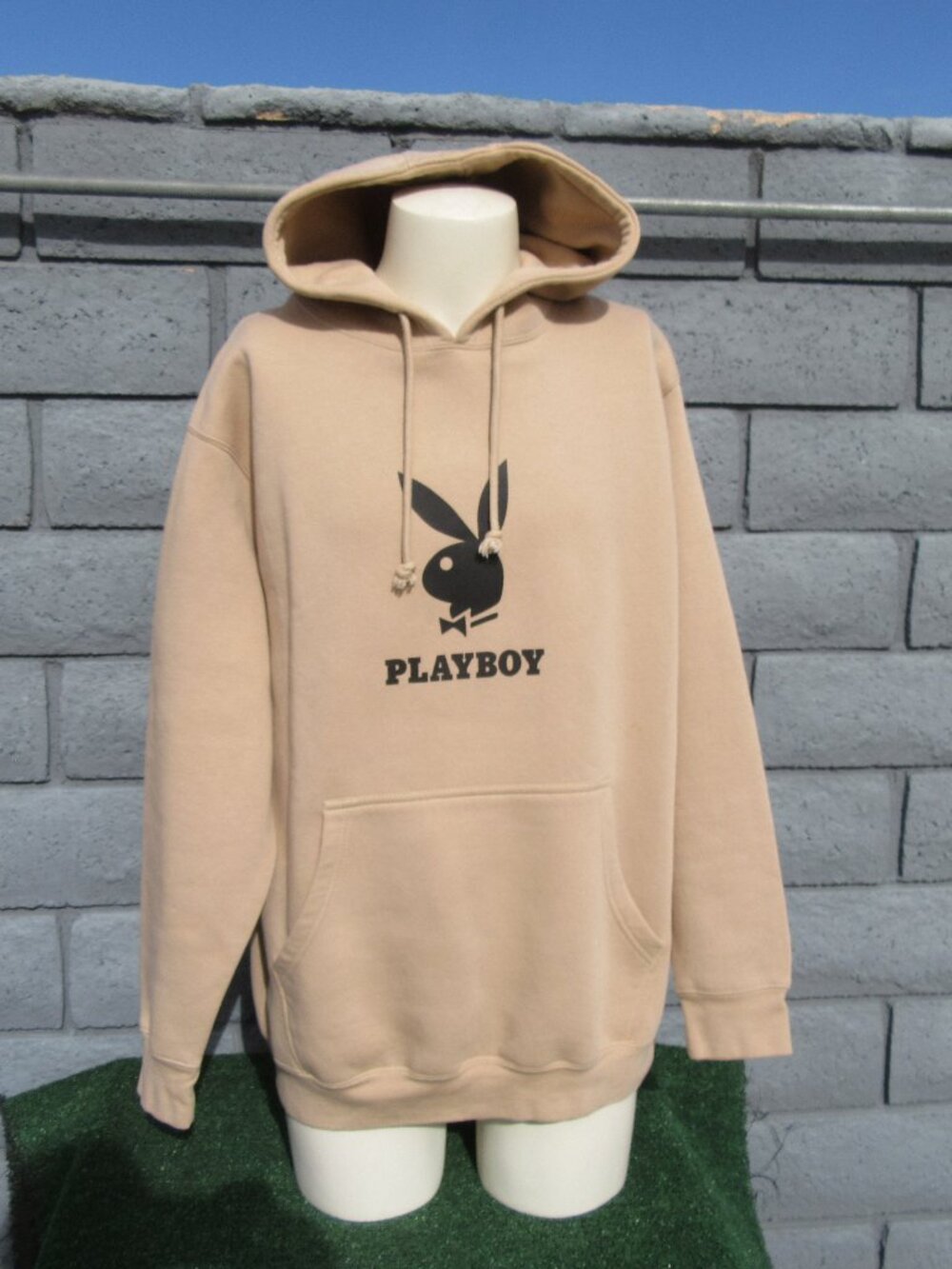 Playboy Beige Tan Black Logo Hoodie Sweatshirt Men's Size Large